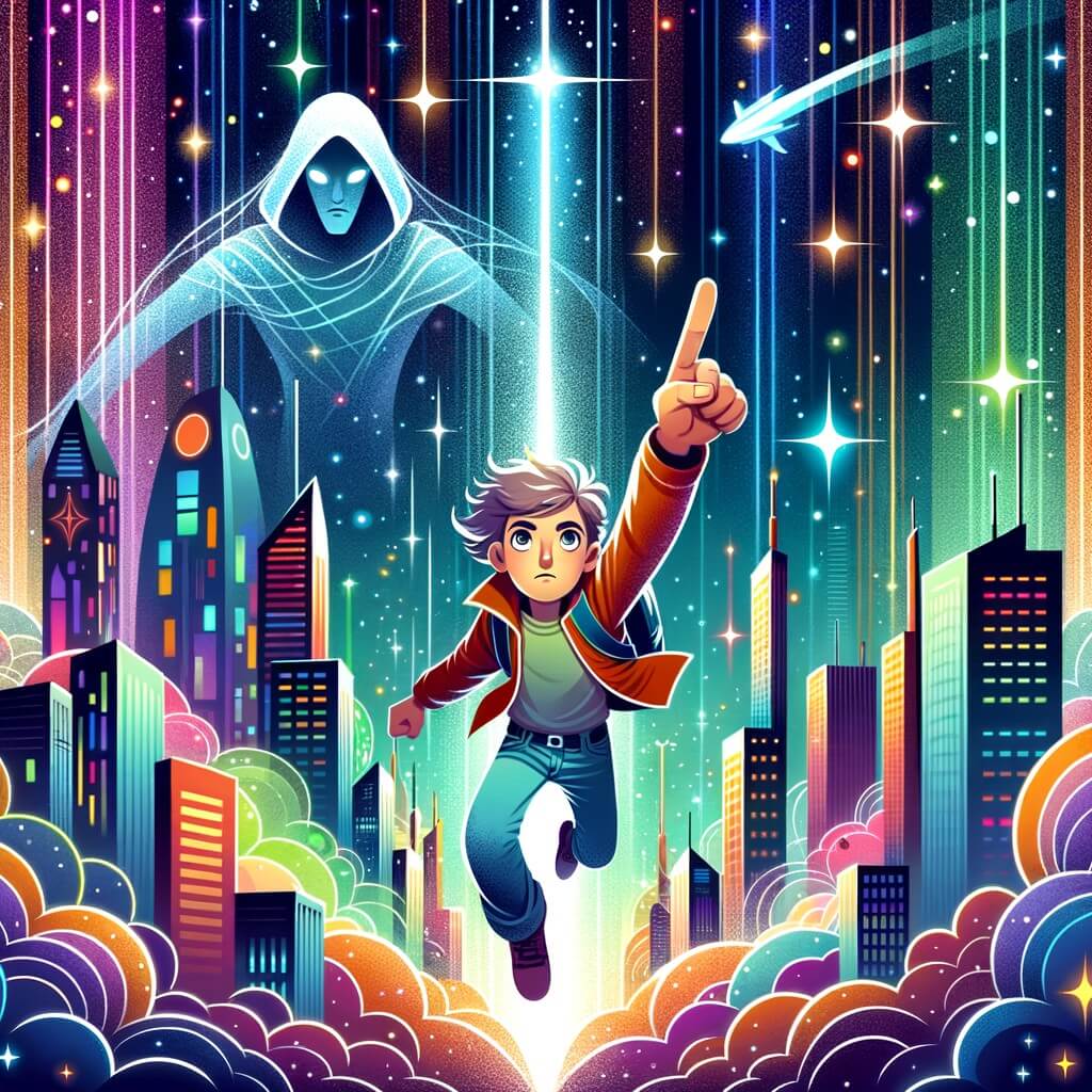 Une illustration destinée aux enfants représentant un jeune homme courageux et déterminé, se lançant dans un voyage spatial périlleux à travers les étoiles, accompagné d'un gardien mystérieux, dans un monde futuriste scintillant de gratte-ciel étincelants et de lumières multicolores.
