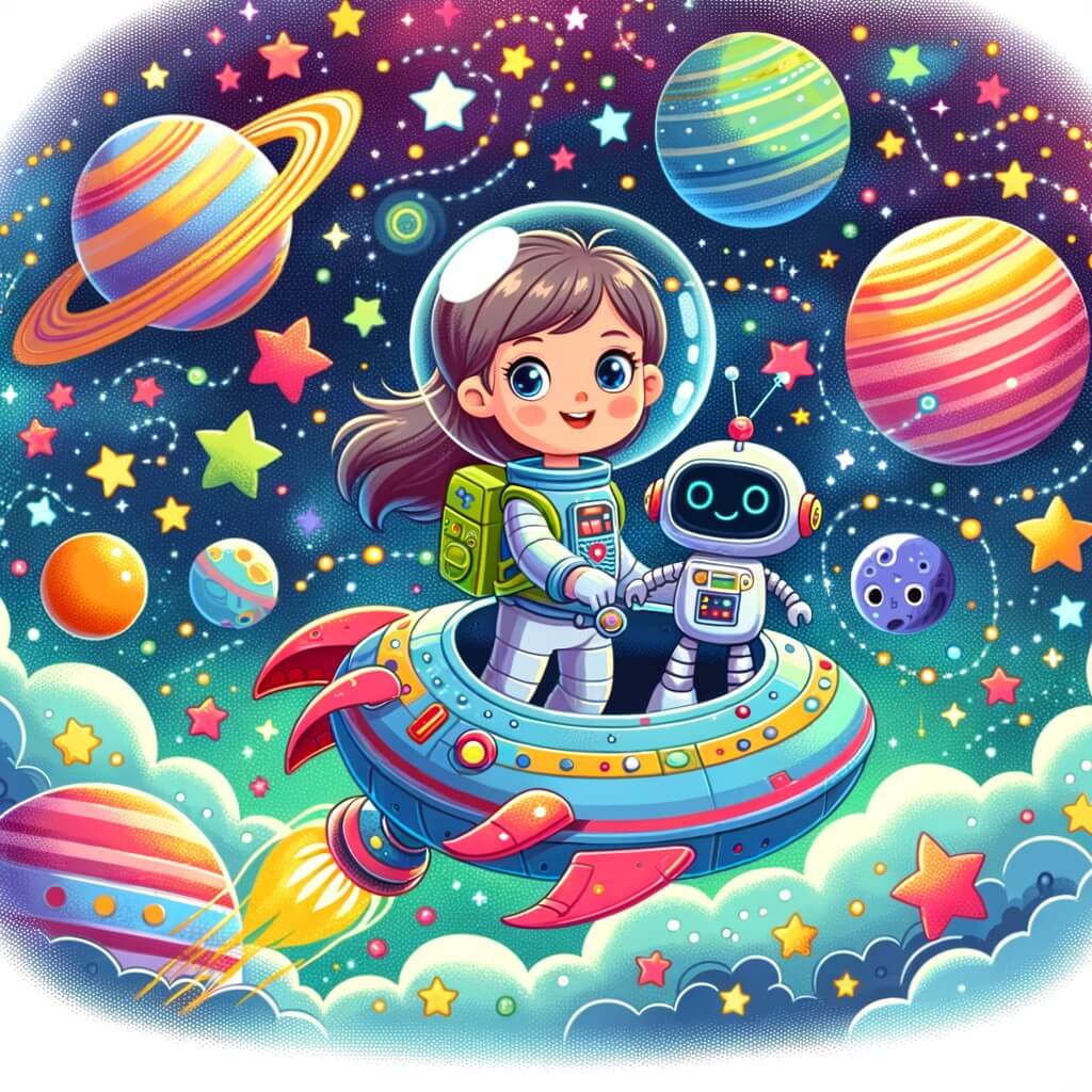 Une illustration pour enfants représentant une jeune femme courageuse et aventurière, partant en mission pour sauver une civilisation en danger sur une planète lointaine de la galaxie.