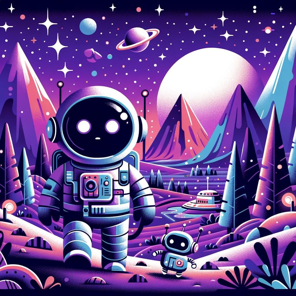 Une illustration destinée aux enfants représentant un astronaute courageux, perdu sur une planète lointaine et hostile, accompagné d'un petit robot curieux, dans un paysage extraterrestre avec des montagnes violettes, des arbres lumineux et un ciel étoilé étincelant.