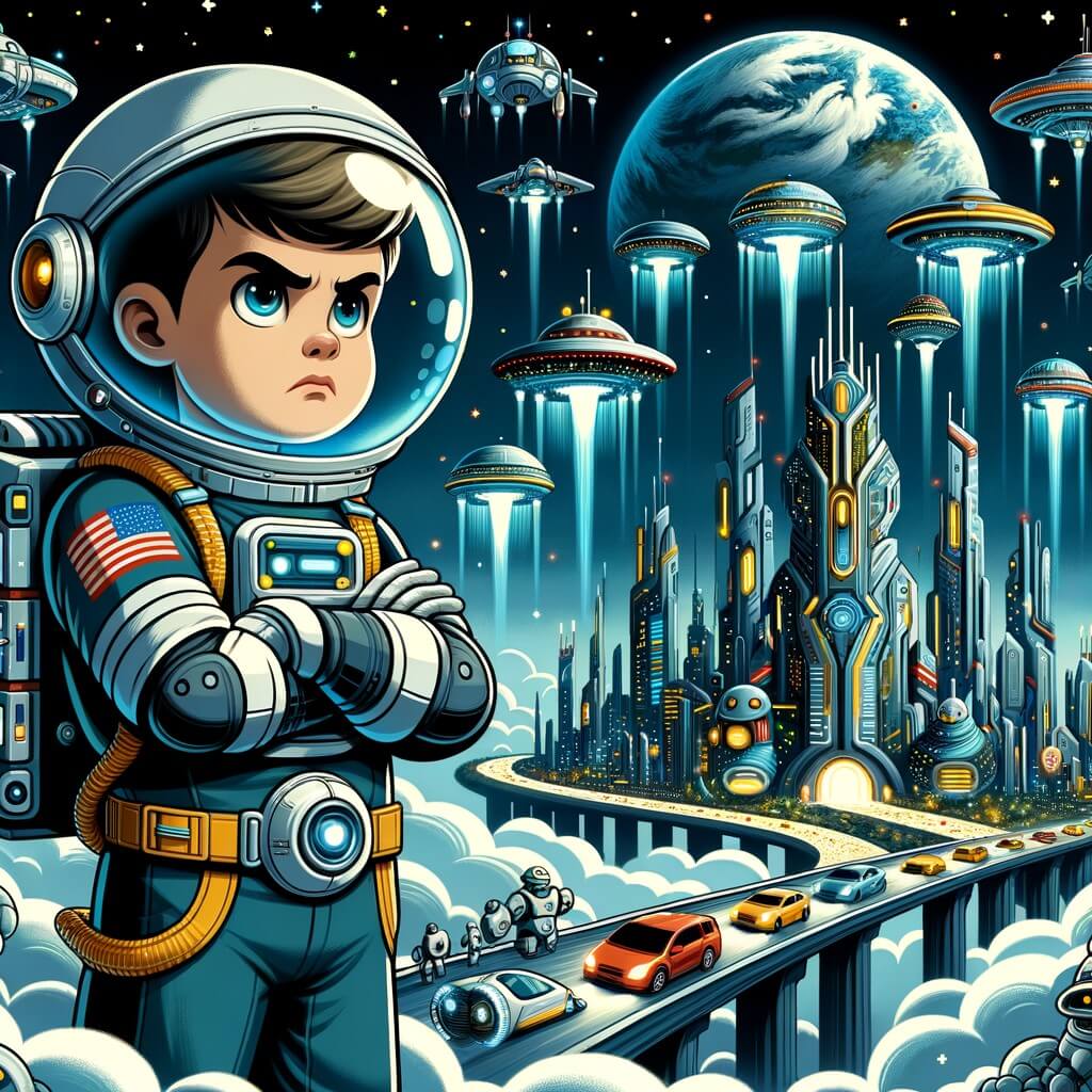 Une illustration destinée aux enfants représentant un astronaute courageux et déterminé, faisant face à une armée extraterrestre, dans un futur lointain où des villes futuristes en verre et en acier s'élèvent au-dessus des nuages, illuminées par des voitures volantes, tandis que des robots bienveillants aident les habitants, sur une Terre protégée par des systèmes de défense contre les dangers de l'espace.