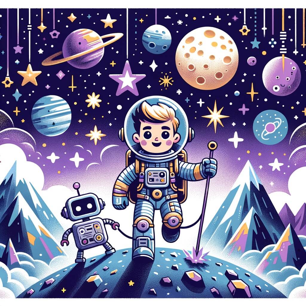 Une illustration destinée aux enfants représentant un jeune astronaute courageux, naviguant à travers une mer d'étoiles, accompagné de son fidèle robot, sur une planète lointaine aux montagnes scintillantes et aux ciels violets.