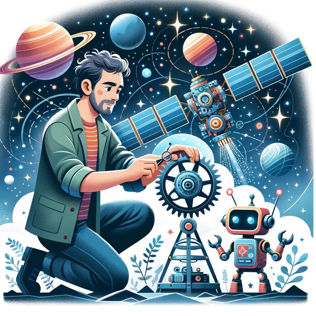 Une illustration pour enfants représentant un homme aventurier, en mission de réparation d'un satellite en orbite autour d'une planète lointaine, dans un monde futuriste peuplé de voitures volantes et de robots assistants.