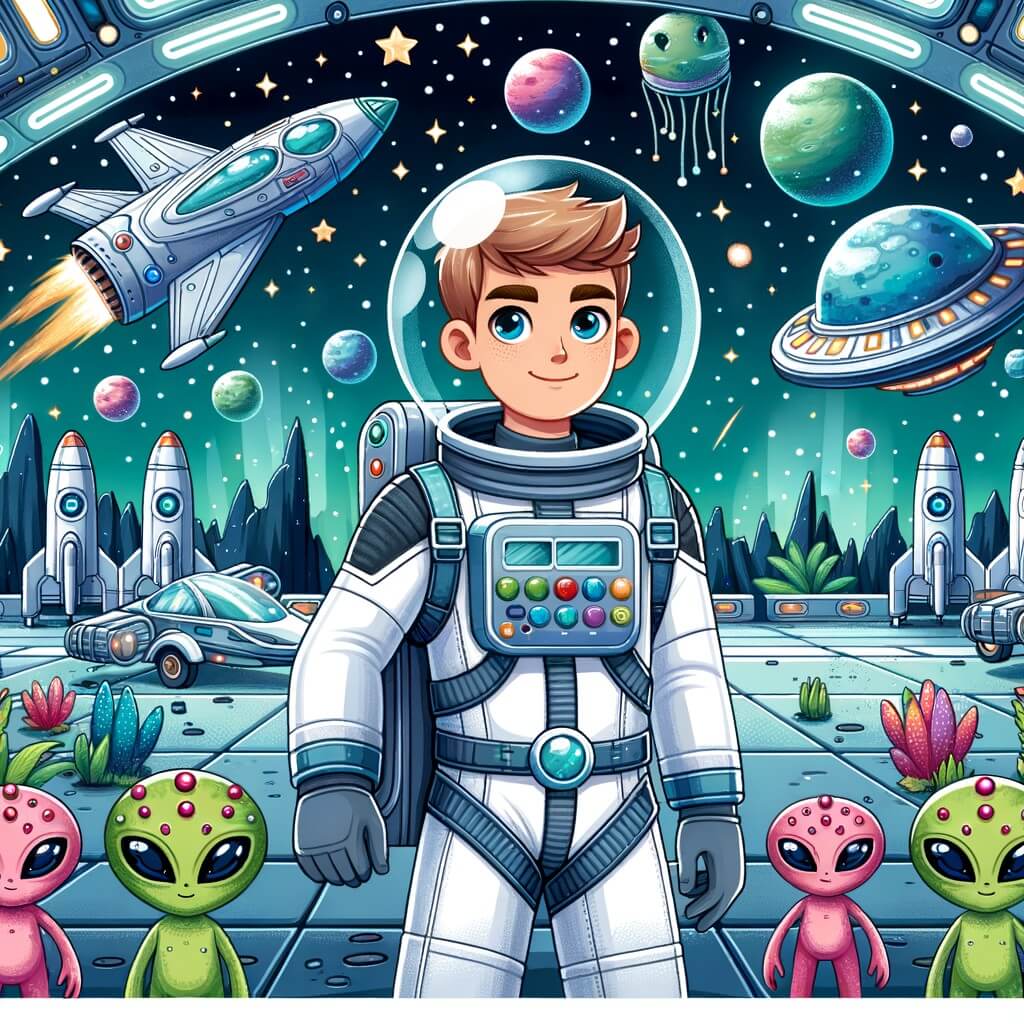 Une illustration pour enfants représentant un homme courageux naviguant dans l'espace pour sauver une planète lointaine menacée par une arme extraterrestre puissante.