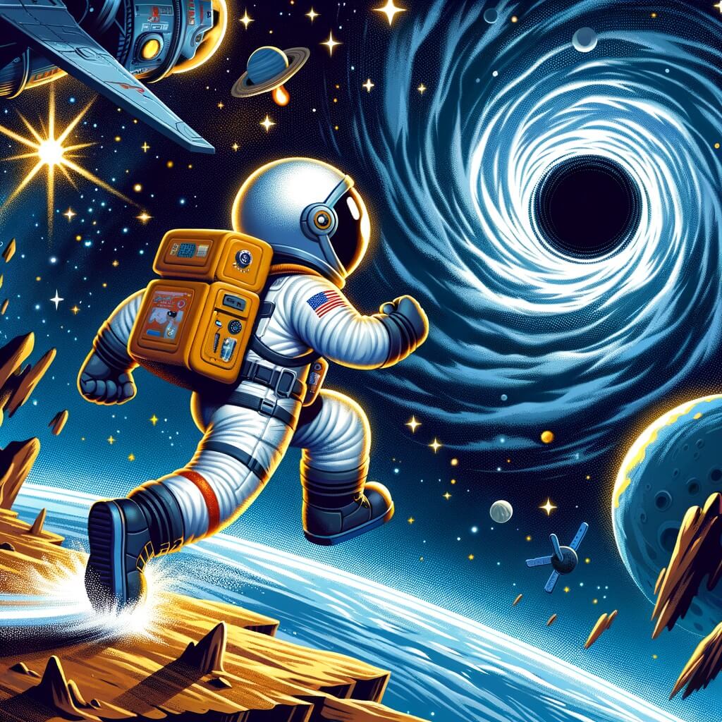 Une illustration pour enfants représentant un homme courageux, embarqué dans une mission périlleuse à travers l'espace, à la découverte d'un trou noir mystérieux.