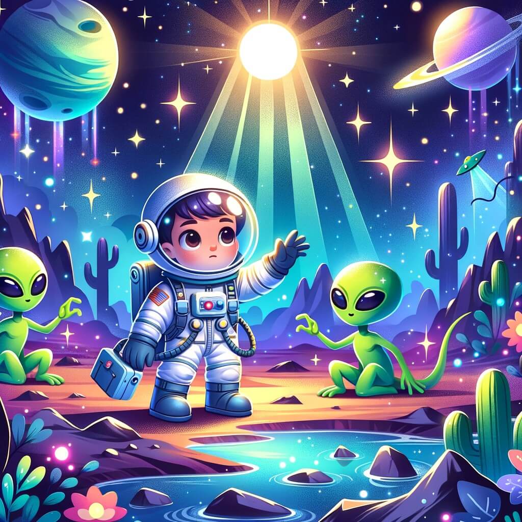 Une illustration destinée aux enfants représentant un astronaute courageux, perdu sur une planète mystérieuse, qui rencontre des extraterrestres verts dans un paysage cosmique rempli d'étoiles scintillantes et d'un soleil éclatant.
