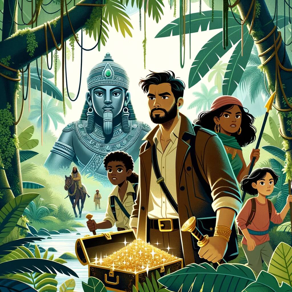 Une illustration destinée aux enfants représentant un homme intrépide plongé au cœur d'une jungle luxuriante, accompagné d'une équipe d'aventuriers, à la recherche d'une cité perdue remplie de trésors scintillants.
