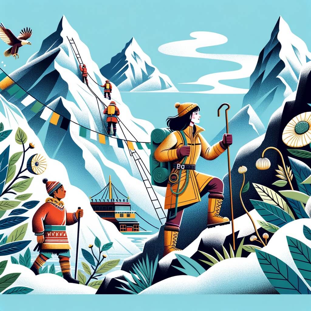 Une illustration destinée aux enfants représentant une intrépide exploratrice, en compagnie d'un jeune garçon de la tribu locale, escaladant les montagnes enneigées de l'Himalaya, à la recherche d'une mystérieuse plante médicinale aux pouvoirs magiques.