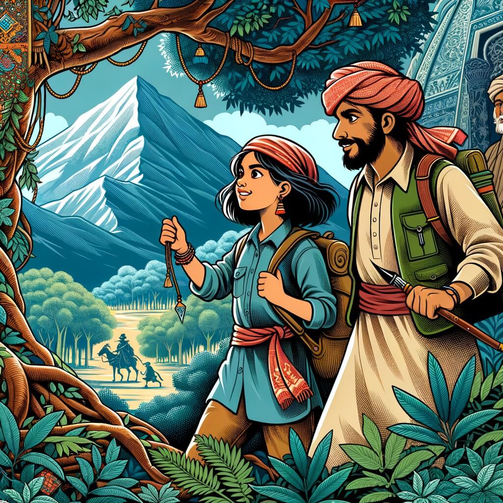 Une illustration pour enfants représentant une jeune aventurière rêvant de découvrir un trésor caché dans une grotte mystérieuse, située au cœur de montagnes sauvages et dangereuses.