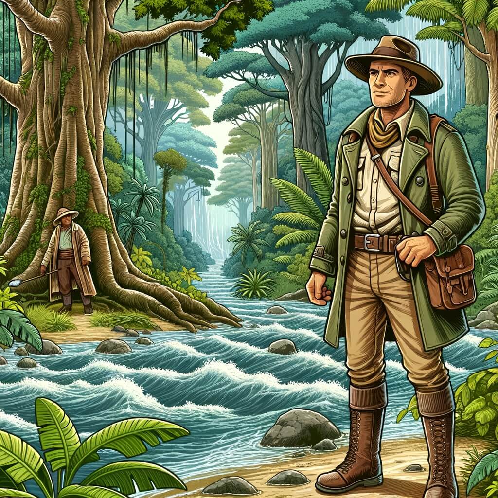 Une illustration destinée aux enfants représentant un courageux explorateur, vêtu d'un chapeau en cuir et d'une veste de couleur kaki, se tenant au bord d'une rivière tumultueuse, accompagné d'un mystérieux guide local, dans une forêt dense et luxuriante remplie d'arbres géants et de plantes exotiques.