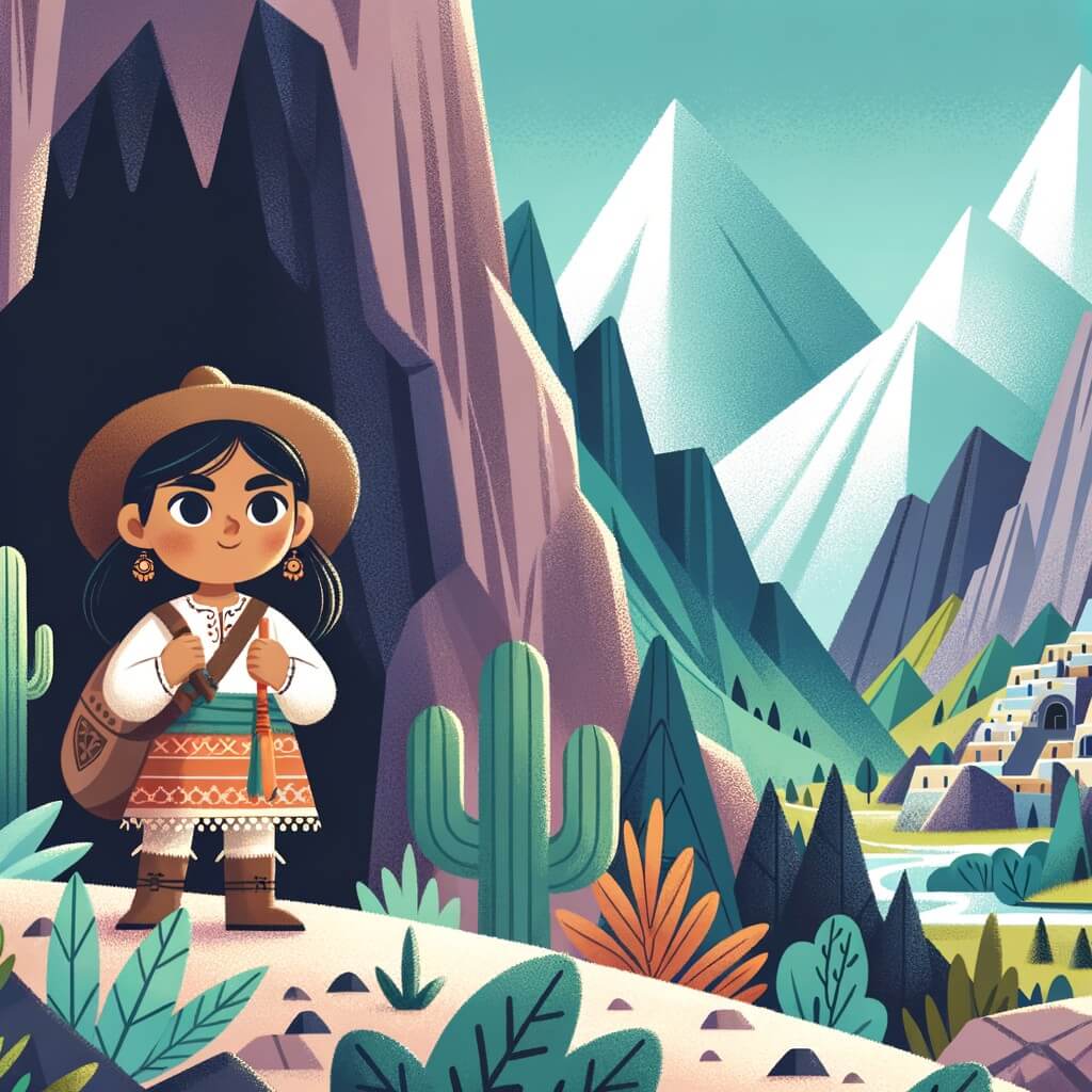 Une illustration pour enfants représentant une jeune aventurière courageuse et déterminée, se tenant devant une grotte mystérieuse nichée au cœur de montagnes majestueuses.