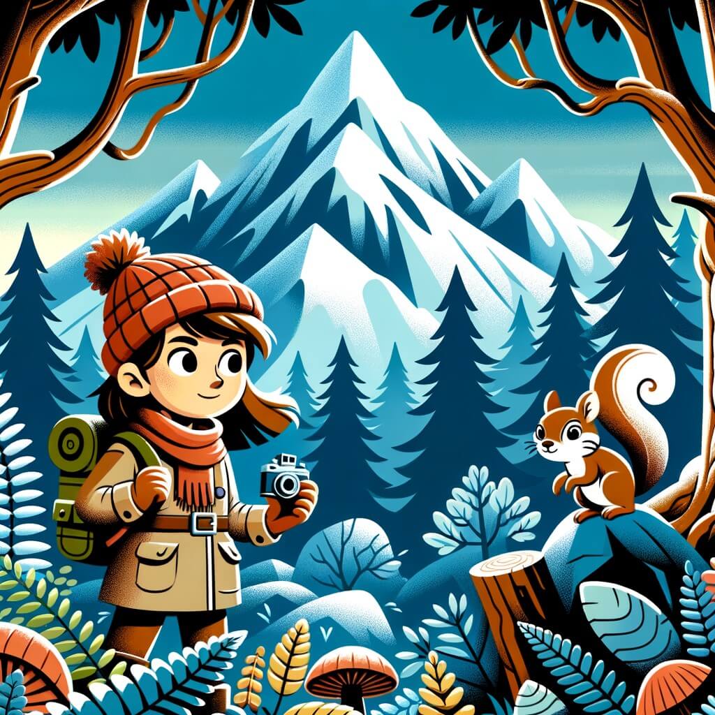 Une illustration destinée aux enfants représentant une femme aventurière, debout au pied d'une montagne majestueuse, accompagnée d'un petit écureuil malicieux, dans une forêt dense et mystérieuse, prête à percer le secret de la montagne enneigée.