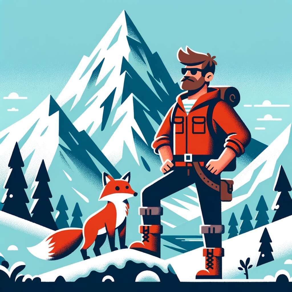 Une illustration destinée aux enfants représentant un homme intrépide, debout au pied d'une montagne enneigée, accompagné d'un renard roux curieux, prêt à affronter les défis et à découvrir les secrets de ce lieu majestueux.
