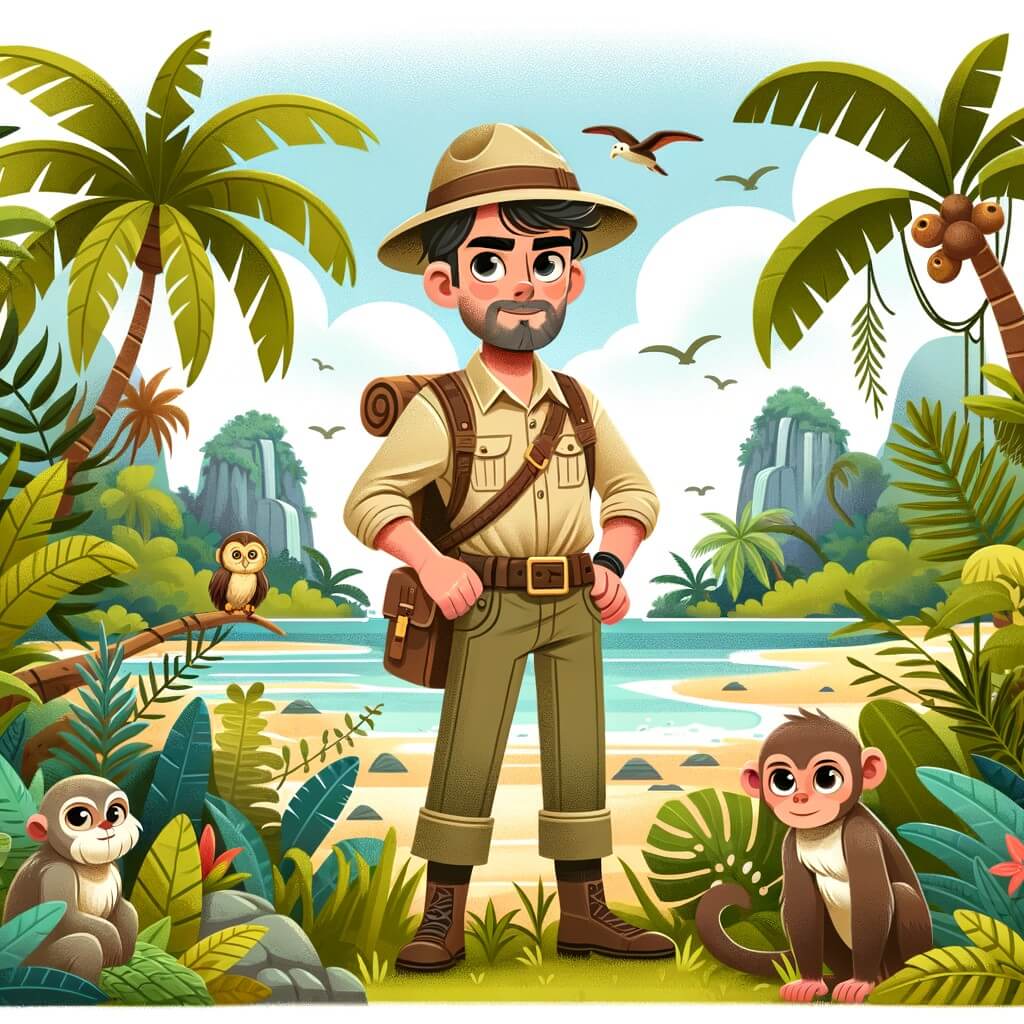 Une illustration pour enfants représentant un explorateur courageux se lançant dans une aventure palpitante sur une île tropicale mystérieuse.