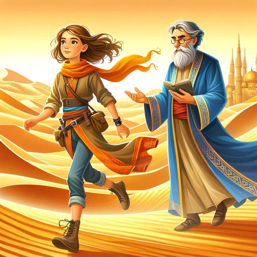 Une illustration destinée aux enfants représentant une jeune femme exploratrice courageuse et audacieuse, accompagnée d'un sage professeur, dans un désert majestueux aux dunes dorées et aux mirages dansants.