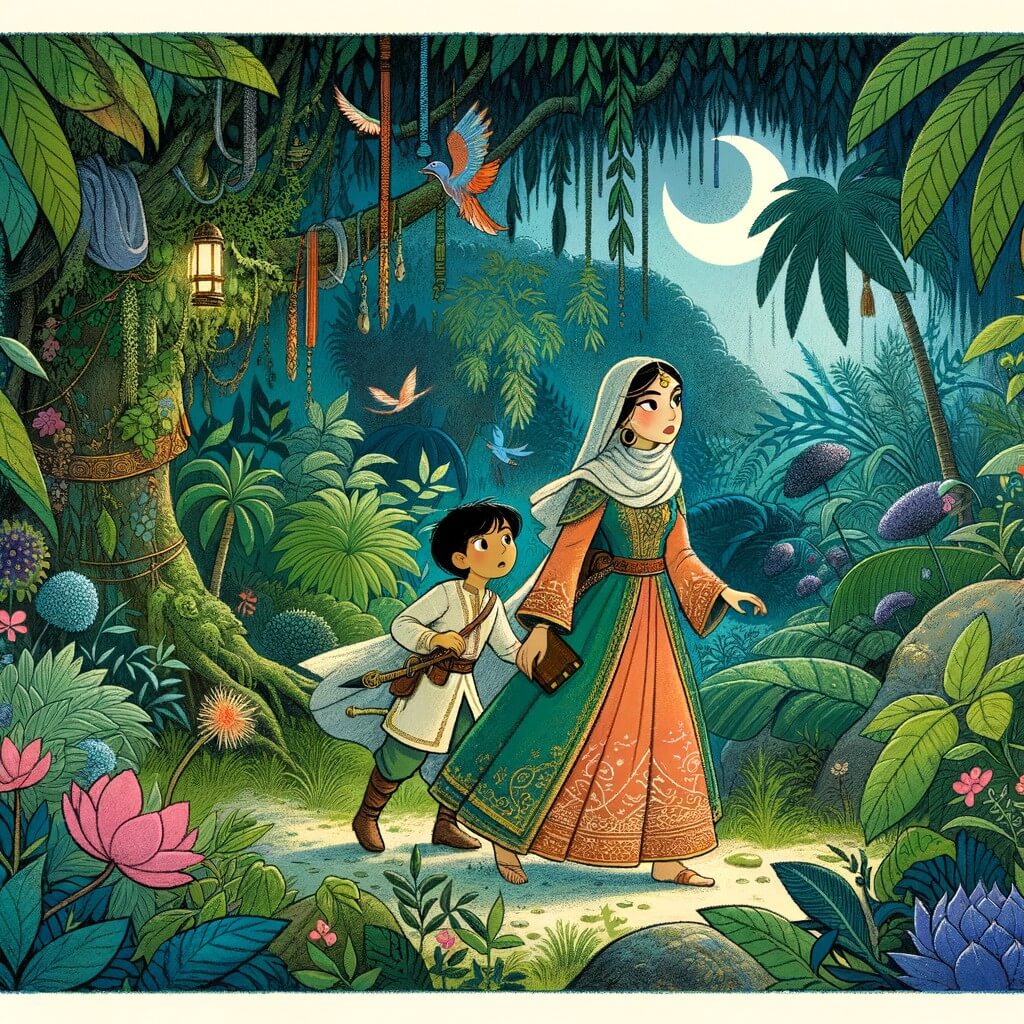 Une illustration destinée aux enfants représentant une femme intrépide, accompagnée d'un jeune garçon, explorant une forêt enchantée luxuriante et mystérieuse, à la recherche d'un trésor perdu.