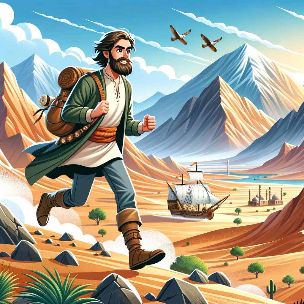 Une illustration pour enfants représentant un homme intrépide se lançant dans une expédition audacieuse à la recherche d'un remède mystérieux, dans un désert lointain entouré de majestueuses montagnes.
