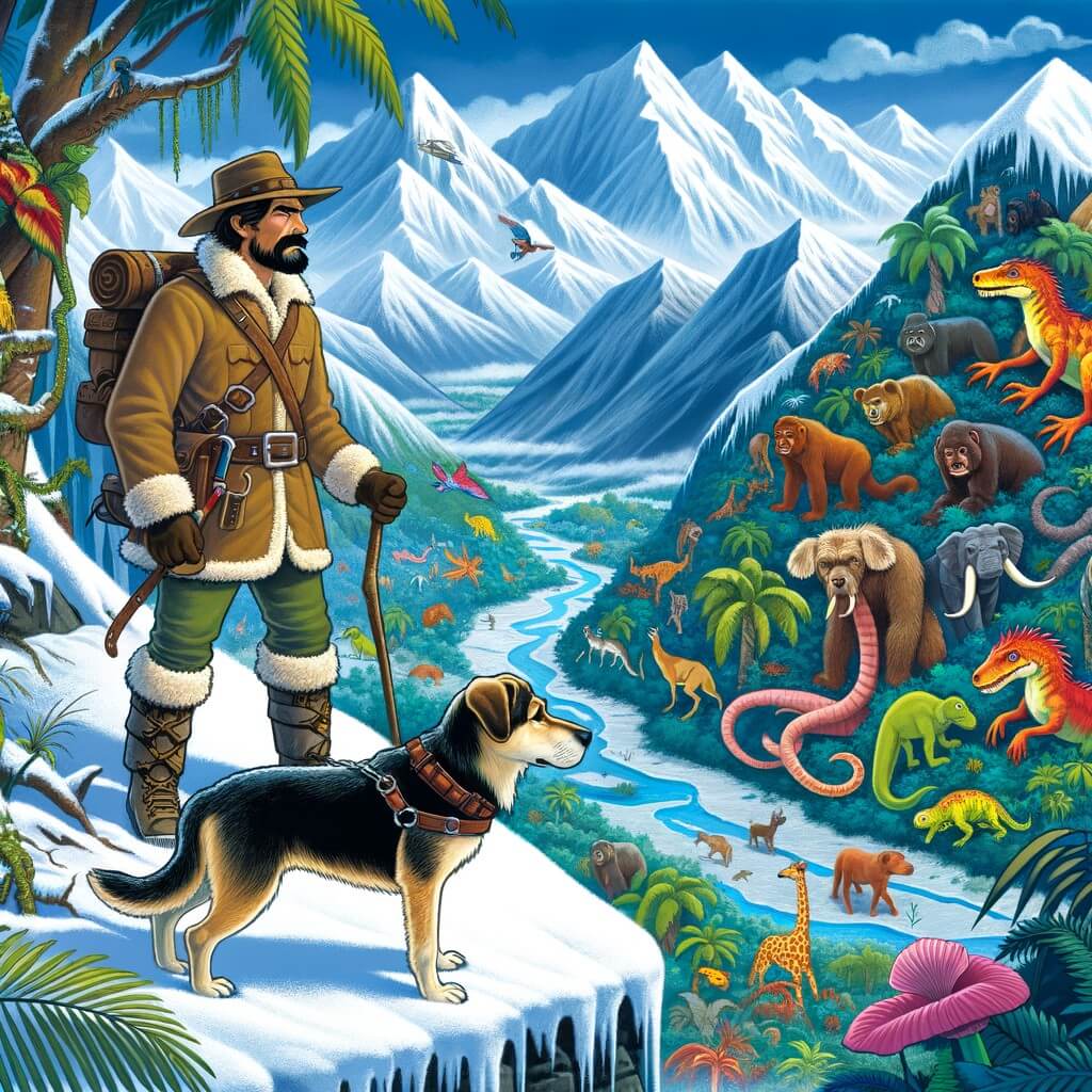 Une illustration destinée aux enfants représentant un intrépide aventurier moustachu, se tenant au sommet d'une montagne enneigée, accompagné d'un fidèle chien guide, surplombant une vallée luxuriante et mystérieuse, où de nombreux animaux exotiques et colorés se cachent parmi les arbres tropicaux.