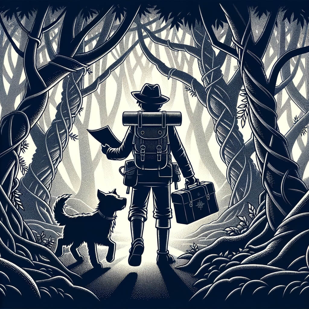 Une illustration pour enfants représentant un homme courageux, partant à la découverte d'une forêt dense et mystérieuse.