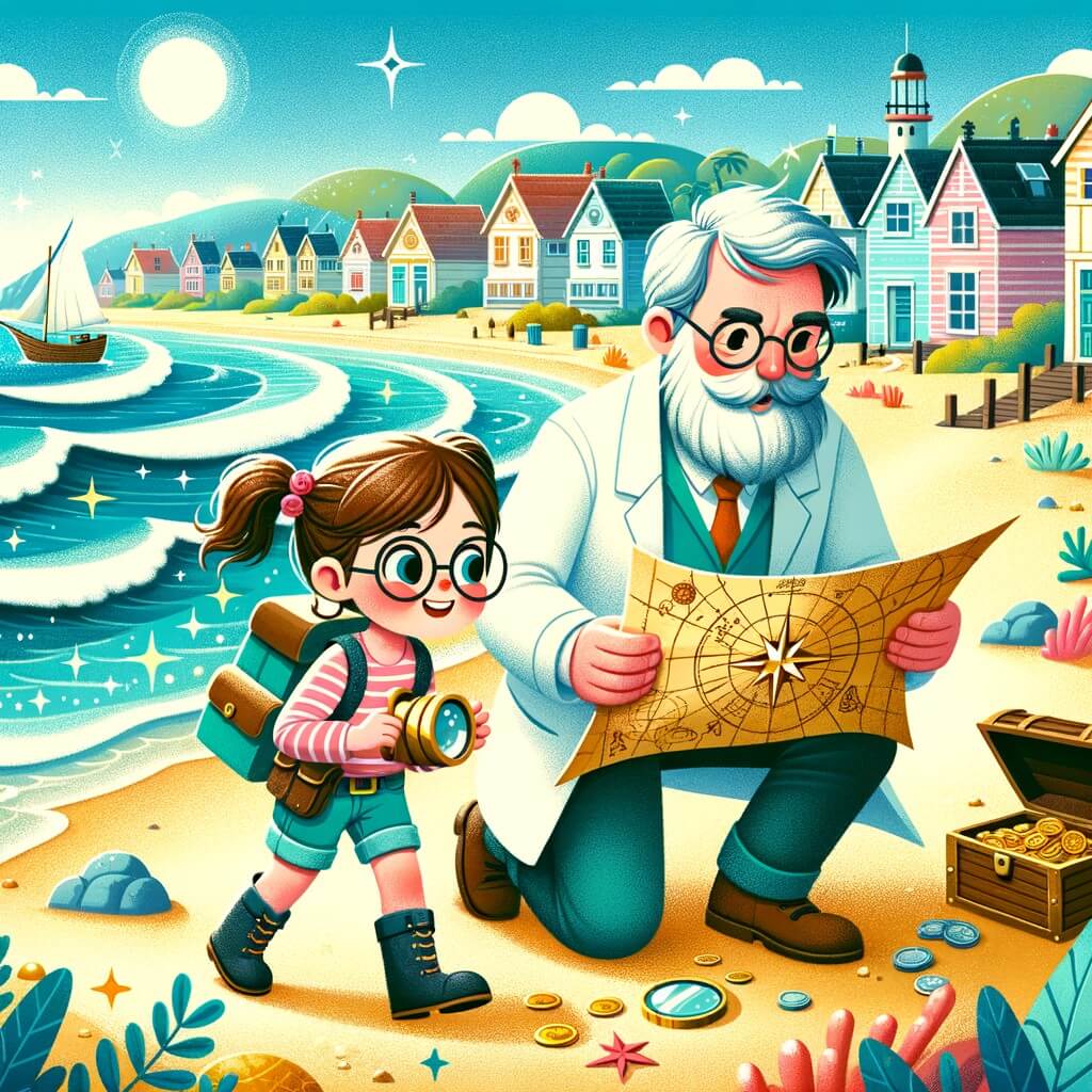 Une illustration pour enfants représentant une jeune aventurière, découvrant une carte au trésor sur une plage, déclenchant ainsi une incroyable aventure sur une île tropicale.