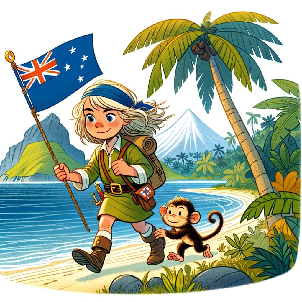 Une illustration destinée aux enfants représentant une courageuse exploratrice, accompagnée d'un petit singe malicieux, sur une île luxuriante de l'océan Pacifique, à la recherche de trésors cachés.
