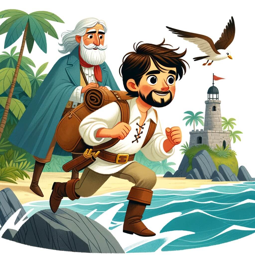 Une illustration pour enfants représentant un homme courageux se lançant dans une aventure palpitante à la recherche de son ami disparu sur une île mystérieuse.