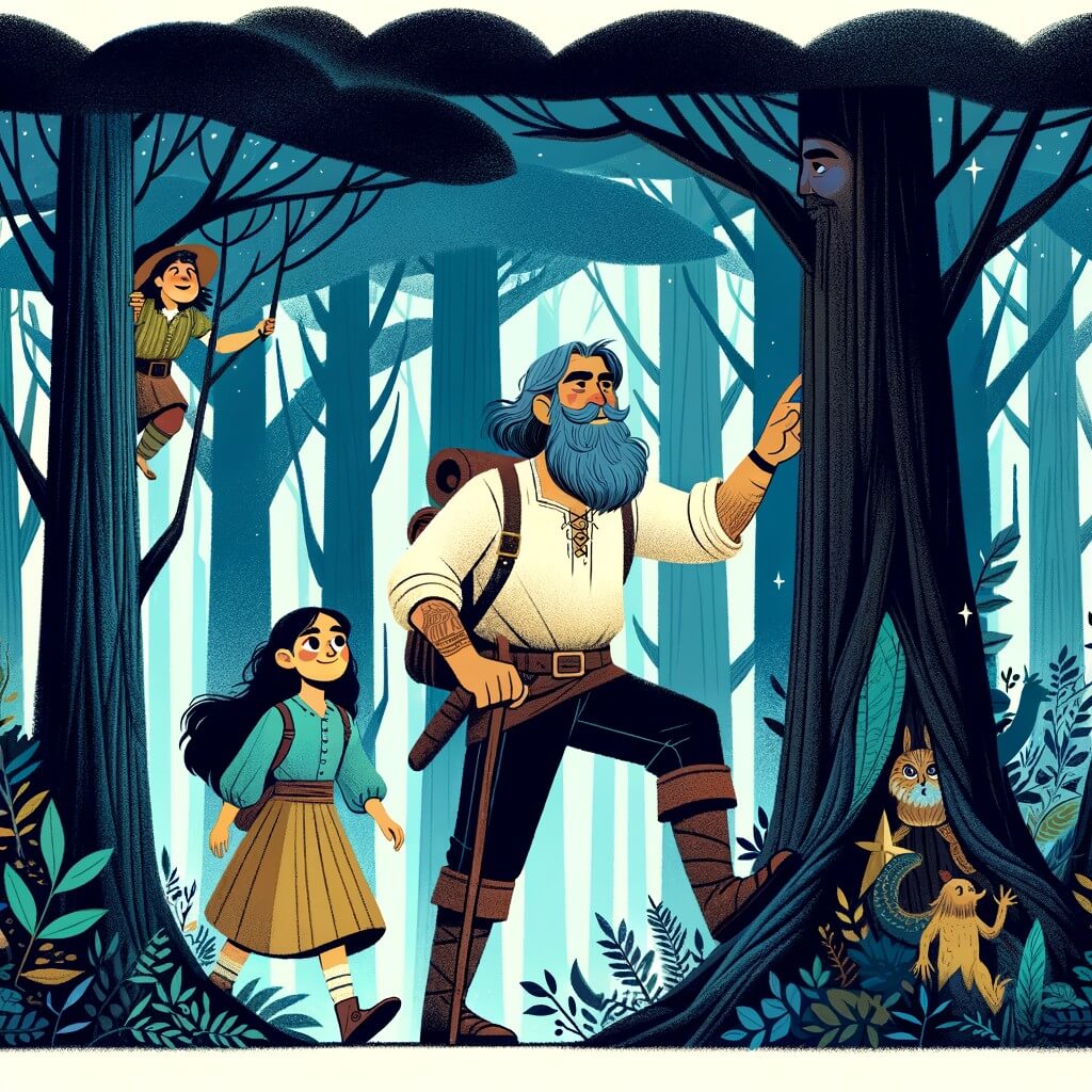 Une illustration destinée aux enfants représentant une jeune femme intrépide, accompagnée d'un guide barbu, explorant une forêt mystérieuse et dense, où des arbres géants touchent le ciel et des créatures magiques se cachent parmi les sous-bois.