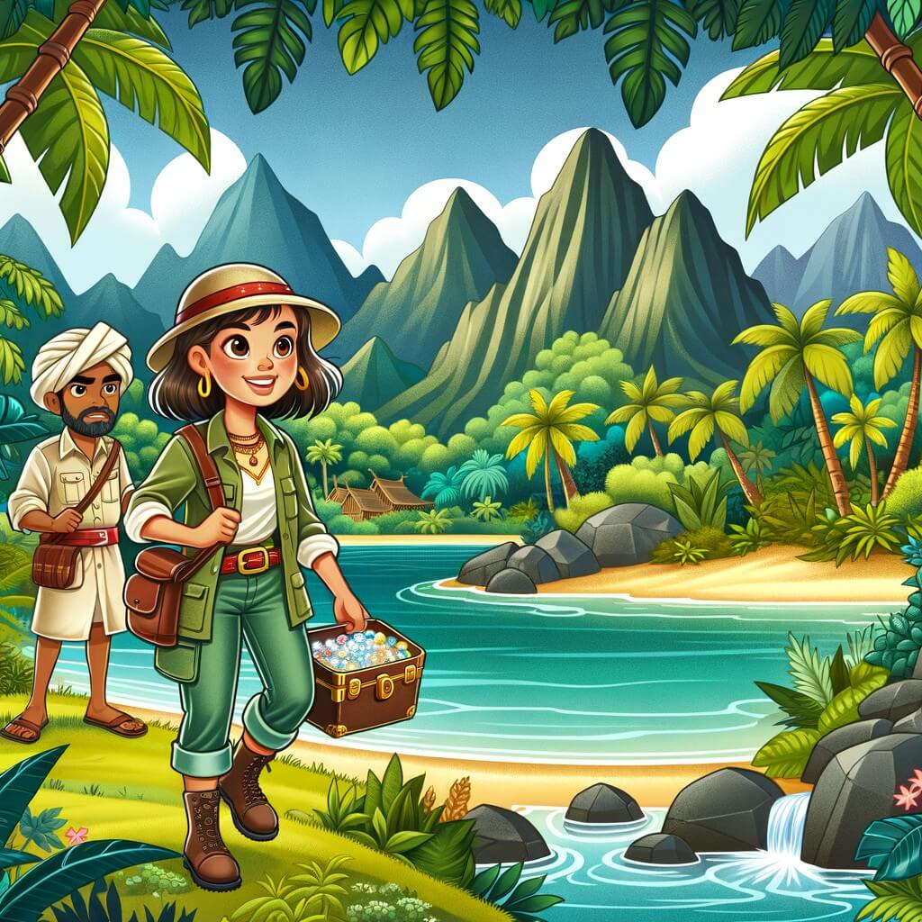 Une illustration destinée aux enfants représentant une jeune femme audacieuse, vêtue d'une tenue d'exploratrice, accompagnée d'un guide local, découvrant les mystères d'une île tropicale luxuriante avec des montagnes majestueuses, une jungle dense, des rivières cristallines et une grotte secrète remplie de trésors étincelants.
