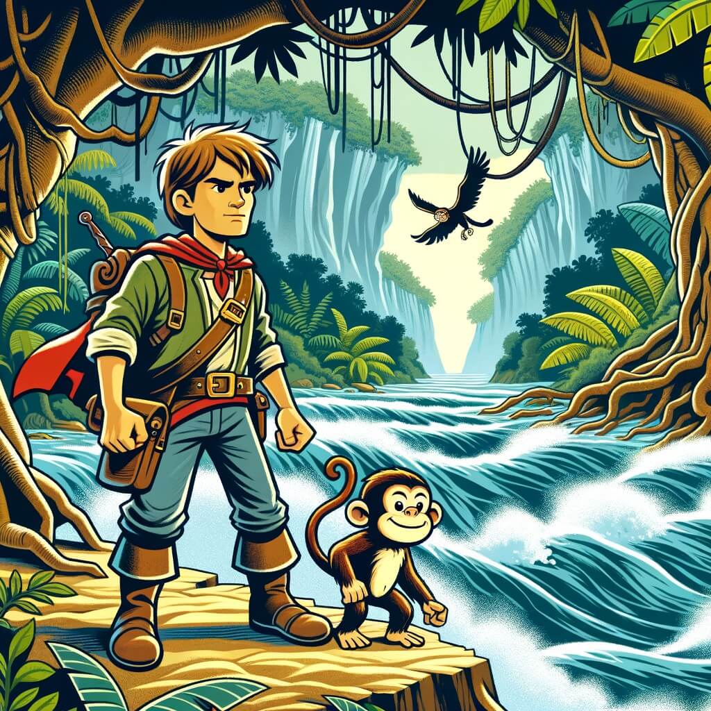 Une illustration destinée aux enfants représentant un homme courageux et audacieux, se tenant au bord d'une rivière tumultueuse dans la jungle amazonienne, accompagné de son fidèle compagnon, un petit singe malicieux, prêt à partir à l'aventure pour vaincre une malédiction ancestrale.