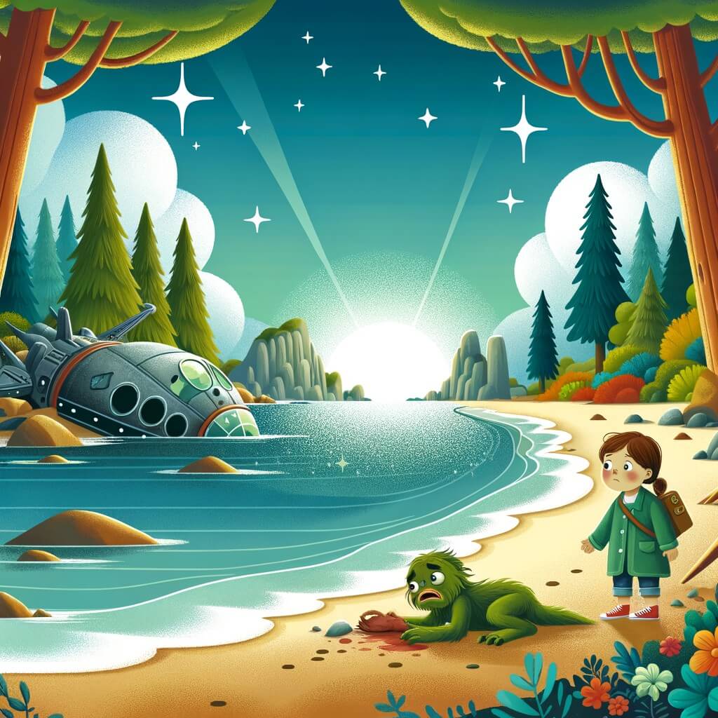 Une illustration destinée aux enfants représentant une petite fille émerveillée devant un vaisseau spatial écrasé, accompagnée d'une créature verte blessée, sur une plage bordée d'arbres majestueux et baignée par une mer scintillante.