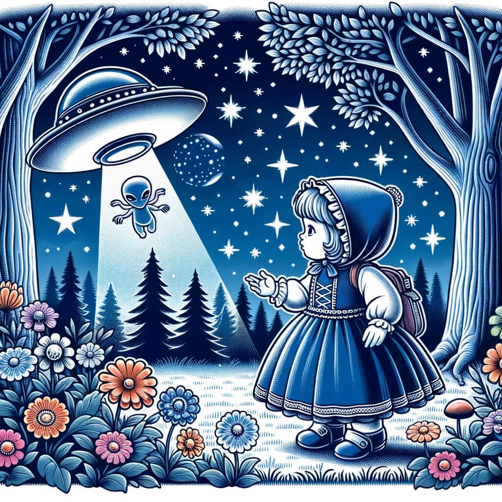 Une illustration destinée aux enfants représentant une petite fille fascinée par les étoiles, qui fait la rencontre d'extraterrestres dans une soucoupe volante, au milieu d'une clairière enchantée, entourée d'arbres majestueux et de fleurs éclatantes.