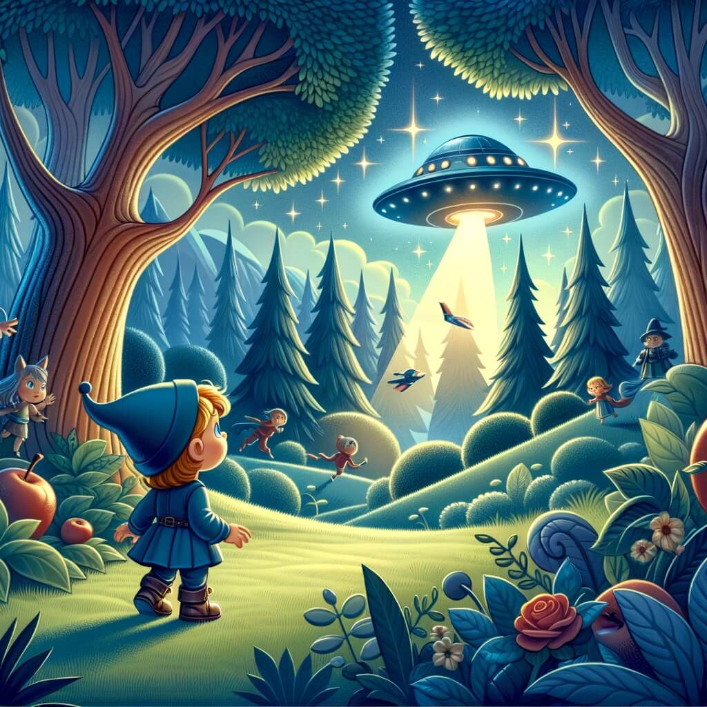 Une illustration destinée aux enfants représentant un petit garçon curieux observant un vaisseau spatial mystérieux atterrir dans une clairière magique entourée d'arbres majestueux dans une forêt enchantée.