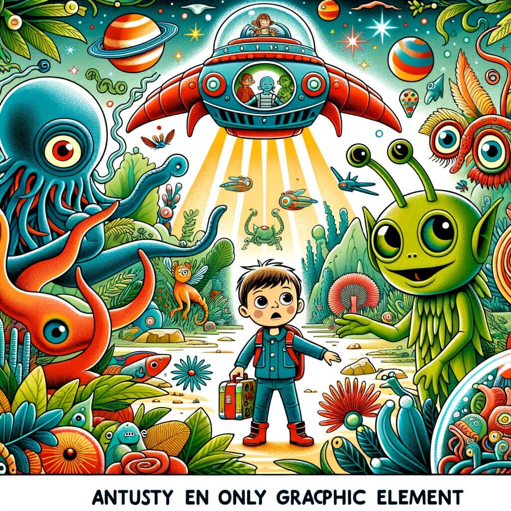 Une illustration pour enfants représentant un petit garçon émerveillé par la visite d'extraterrestres qui l'emmènent dans leur vaisseau spatial pour découvrir des mondes étranges et merveilleux.