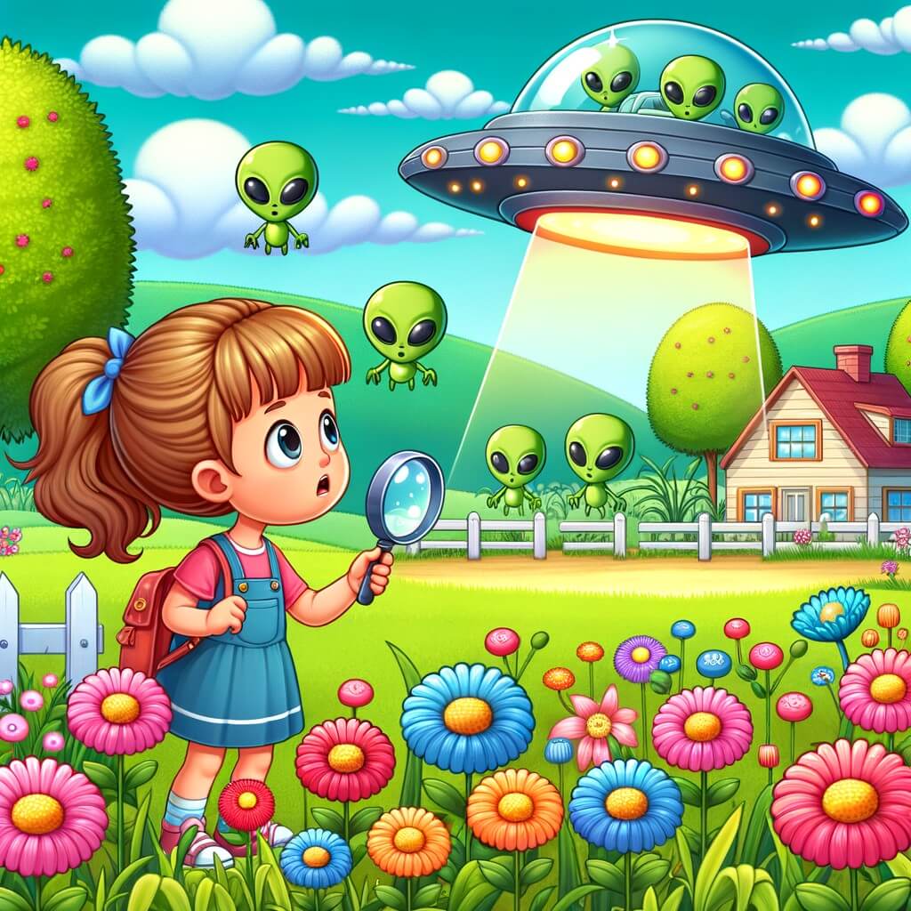 Une illustration pour enfants représentant une petite fille curieuse découvrant un vaisseau spatial dans un village paisible.