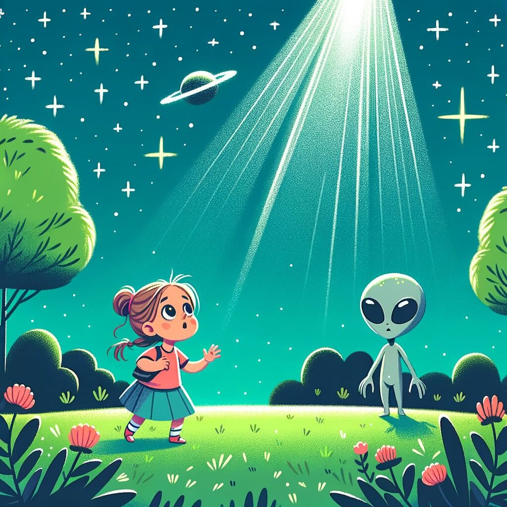 Une illustration destinée aux enfants représentant une petite fille curieuse et aventureuse, faisant la rencontre inattendue d'extraterrestres dans un parc verdoyant, sous un ciel étoilé et lumineux.