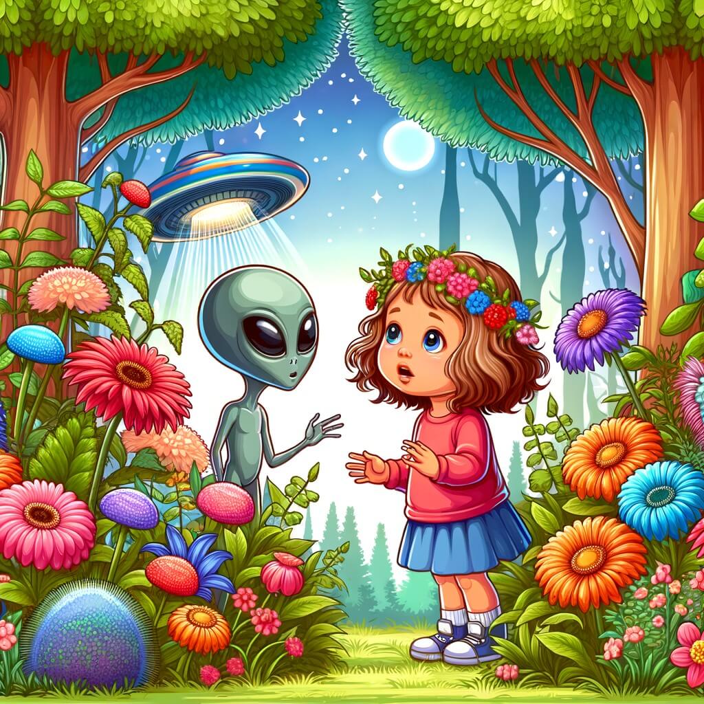 Une illustration destinée aux enfants représentant une petite fille curieuse qui rencontre un extraterrestre dans son jardin enchanté, entouré de fleurs multicolores et d'arbres gigantesques.