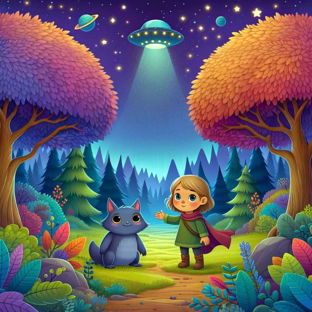 Une illustration destinée aux enfants représentant une petite fille intrépide, faisant la rencontre d'une créature extraterrestre amicale, dans une clairière enchantée entourée d'arbres aux feuilles multicolores et sous un ciel violet étoilé.