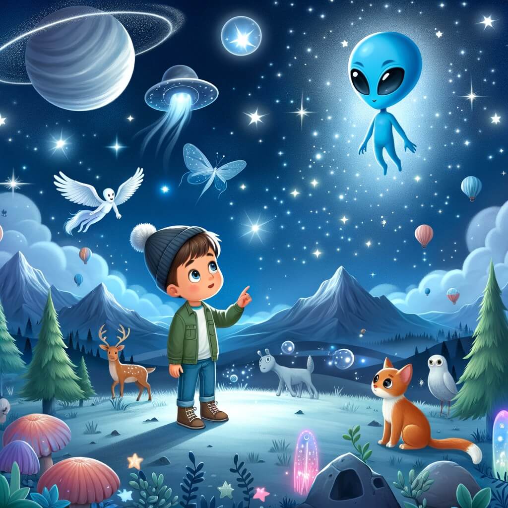 Une illustration destinée aux enfants représentant un petit garçon fasciné par les étoiles, qui fait la rencontre d'un extraterrestre bleu sur une planète lointaine, entourée de montagnes flottantes, d'arbres lumineux et d'animaux avec des ailes.