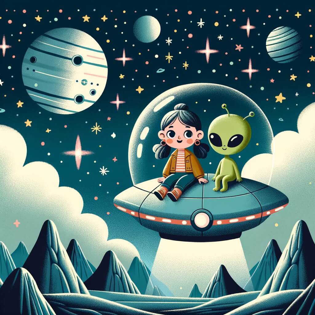 Une illustration destinée aux enfants représentant une petite fille curieuse, embarquée dans un vaisseau spatial avec un extraterrestre vert, explorant des montagnes flottantes sur la planète Zéphyr, entourés d'étoiles scintillantes dans l'espace infini.