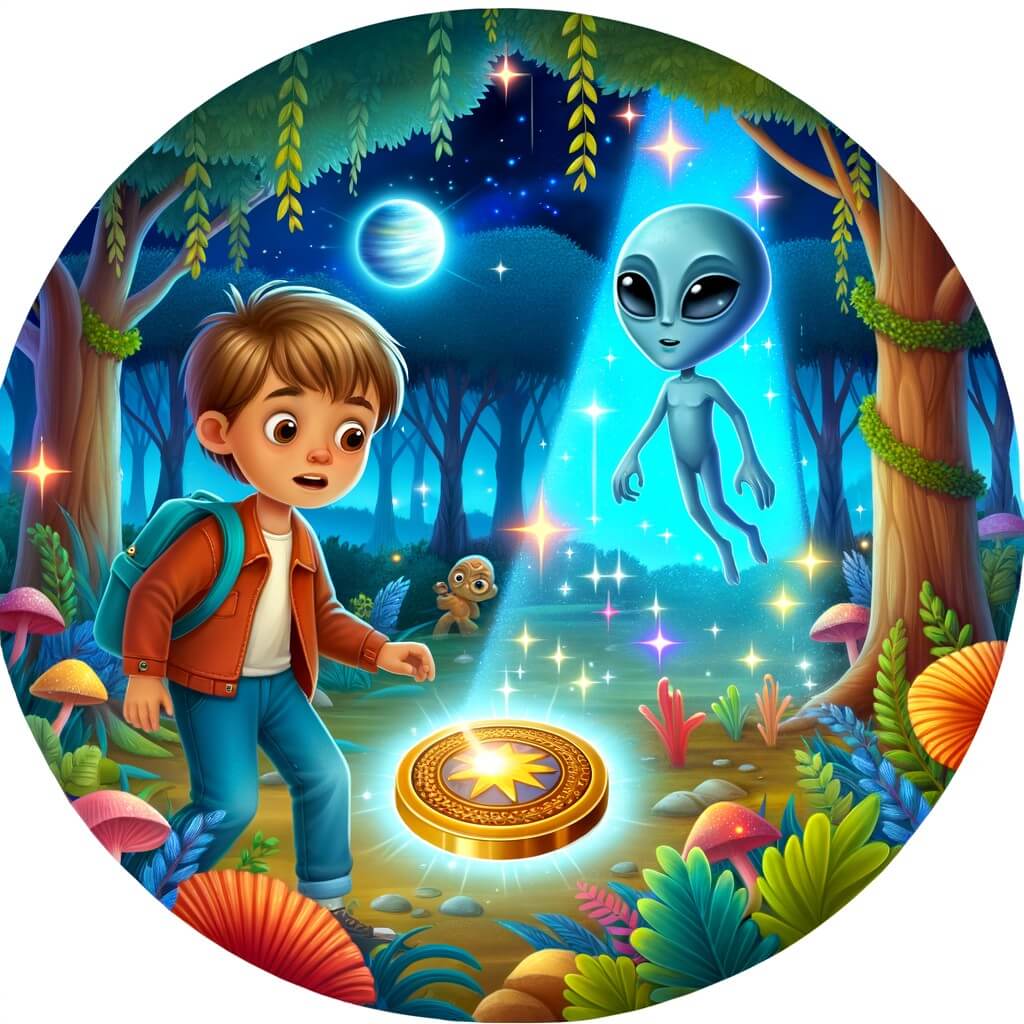 Une illustration destinée aux enfants représentant un petit garçon curieux découvrant un médaillon mystérieux dans une forêt enchantée, accompagné d'un extraterrestre bleu étincelant, sur une planète lointaine où des créatures colorées vivent en harmonie avec la nature.