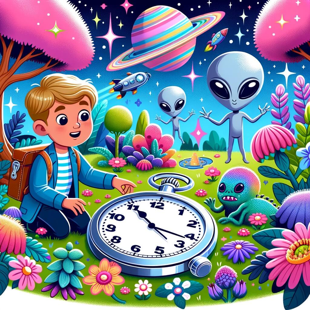 Une illustration pour enfants représentant un petit garçon curieux qui se retrouve sur une planète lointaine peuplée d'extraterrestres colorés et amicaux.