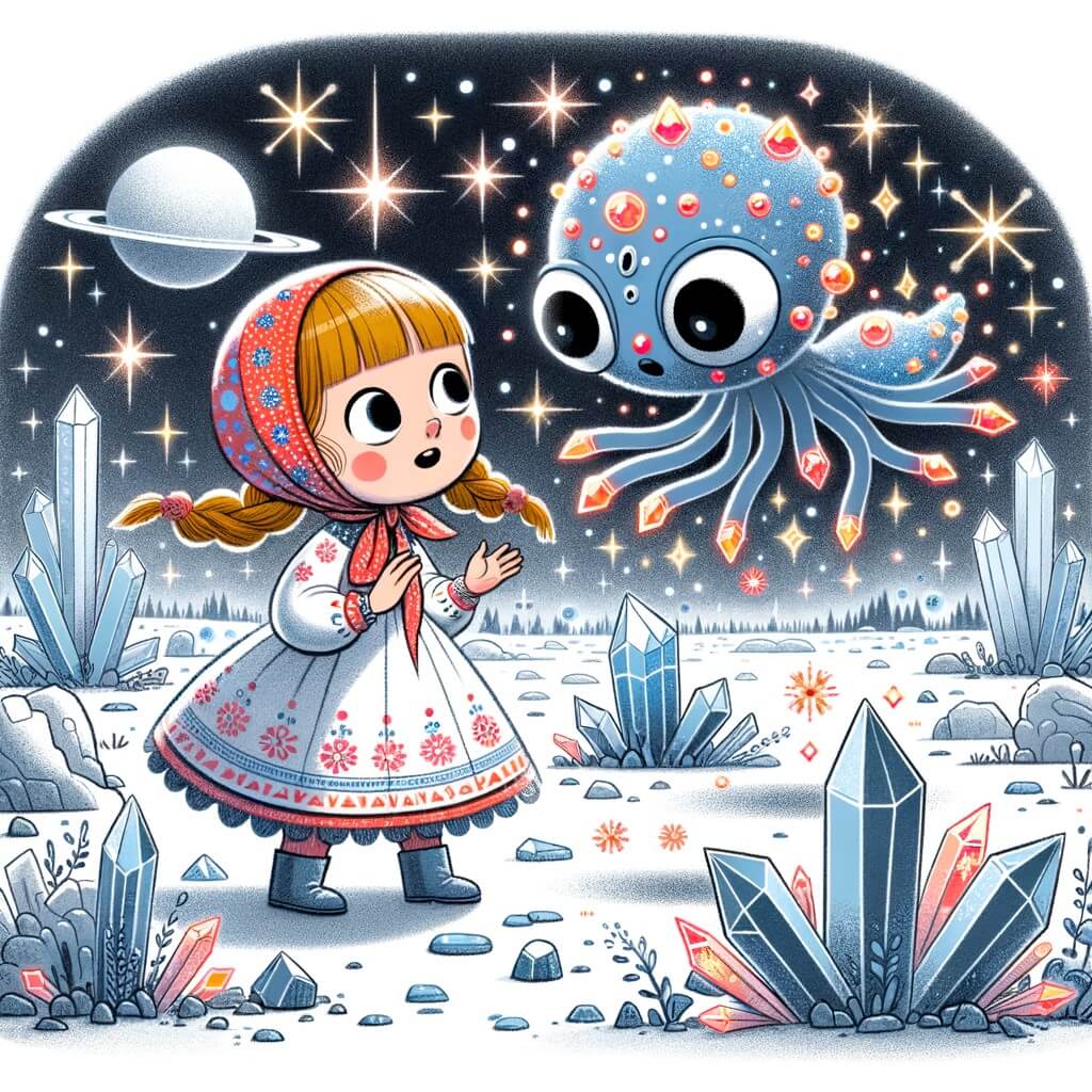 Une illustration destinée aux enfants représentant une petite fille curieuse et imaginative, faisant la rencontre d'un être extraterrestre surprenant, sur une planète recouverte de cristaux étincelants.