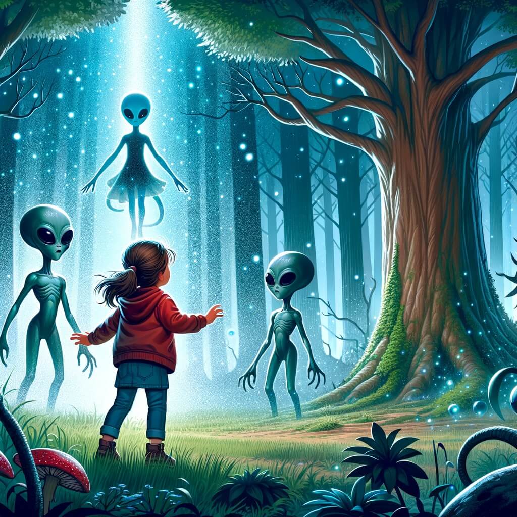 Une illustration pour enfants représentant une petite fille intrépide, se retrouvant nez à nez avec des extraterrestres dans une mystérieuse forêt enchantée.