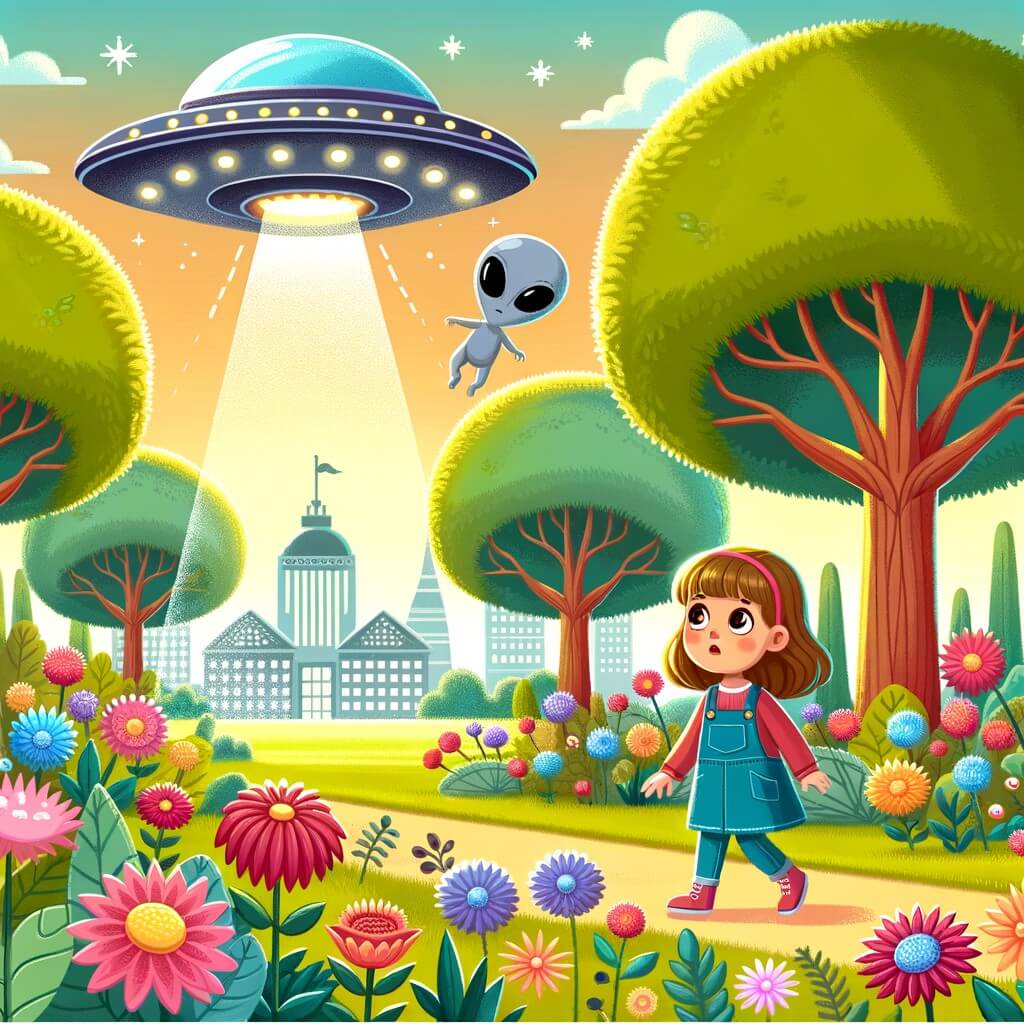 Une illustration destinée aux enfants représentant une petite fille curieuse qui rencontre des extraterrestres dans un parc rempli de fleurs colorées et d'arbres majestueux, où un vaisseau spatial atterrit mystérieusement.