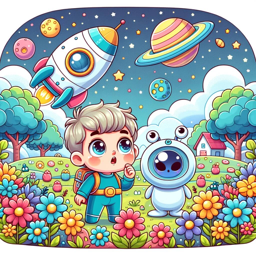 Une illustration destinée aux enfants représentant un petit garçon émerveillé découvrant un vaisseau spatial dans un champ de fleurs multicolores, accompagné d'une adorable créature extraterrestre aux grands yeux, sur une planète où les arbres sont bleus et les maisons sont faites de nuages.