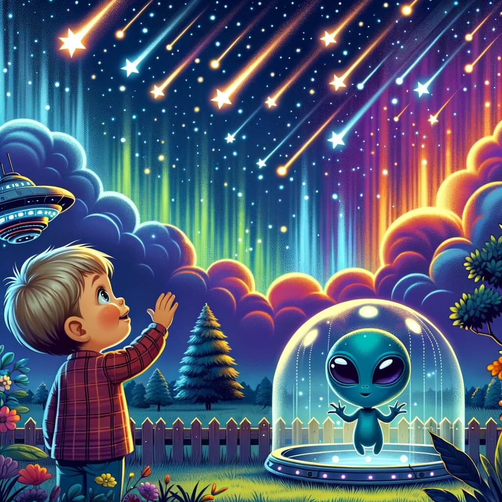 Une illustration destinée aux enfants représentant un petit garçon émerveillé, observant le ciel étoilé depuis son jardin, tandis qu'une pluie d'étoiles filantes illumine la nuit, et une créature extraterrestre amicale flotte devant lui, dans un vaisseau spatial futuriste entouré d'éclatantes nébuleuses colorées.