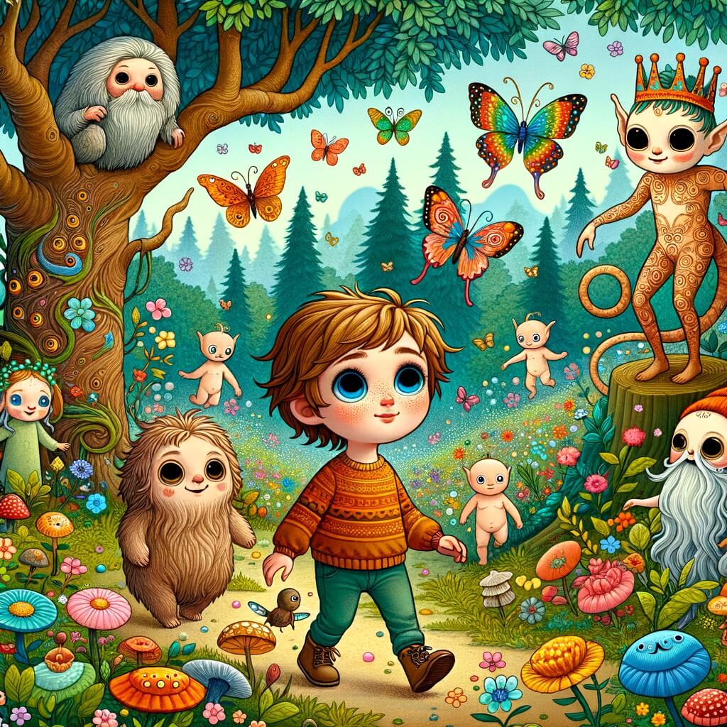 Une illustration destinée aux enfants représentant une petite fille curieuse, accompagnée d'étranges êtres venus d'une autre dimension, explorant une forêt enchantée remplie de fleurs colorées, d'arbres majestueux et de papillons virevoltants.