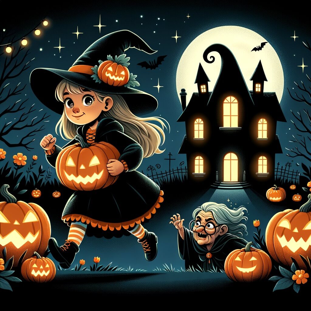 Une illustration pour enfants représentant une petite fille excitée pour Halloween, qui se prépare à chasser des bonbons dans sa rue effrayante.