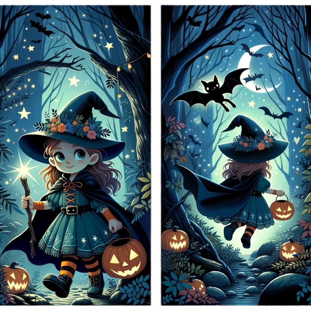 Une illustration destinée aux enfants représentant une petite fille déguisée en sorcière, explorant une forêt enchantée sombre et mystérieuse, accompagnée d'une chauve-souris magique, dans le cadre d'une fête d'Halloween ensorcelée.