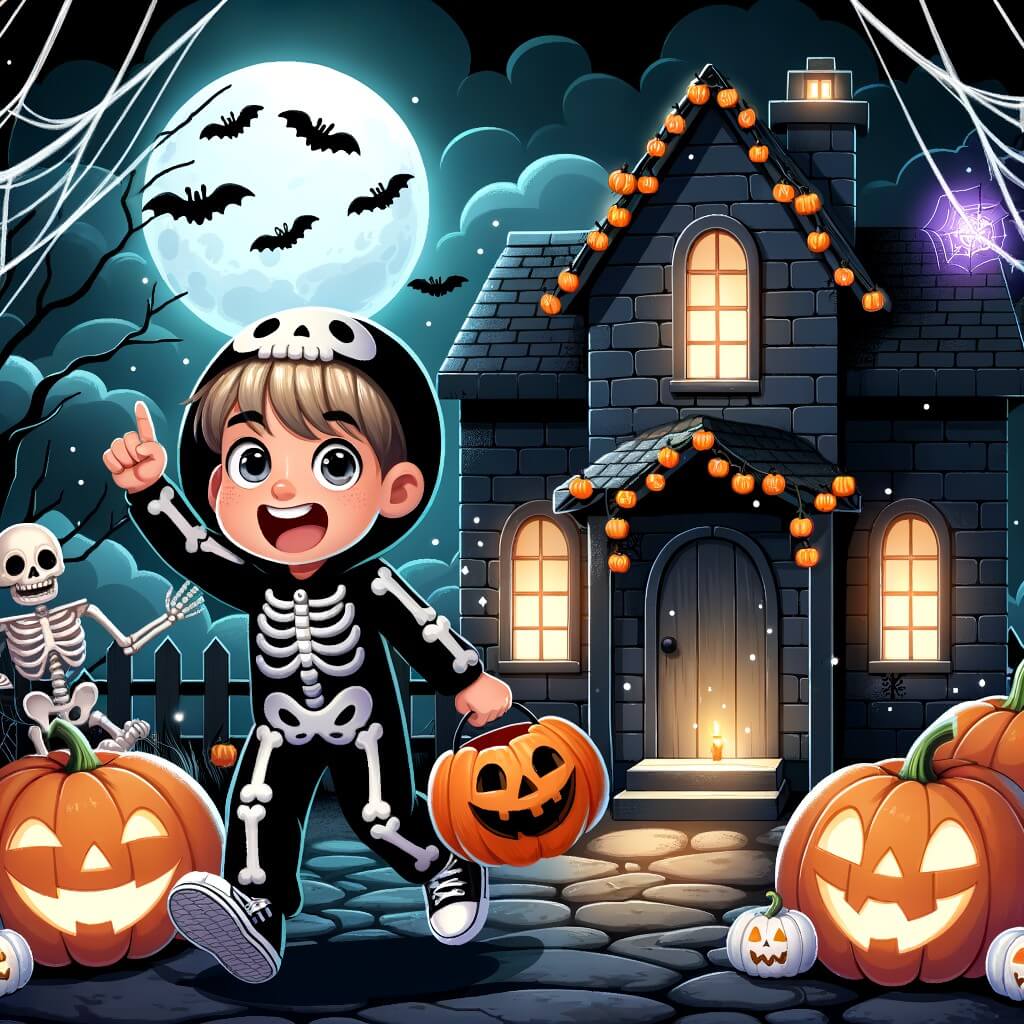 Une illustration pour enfants représentant un petit garçon plein d'excitation devant une maison hantée lors d'une soirée d'Halloween.