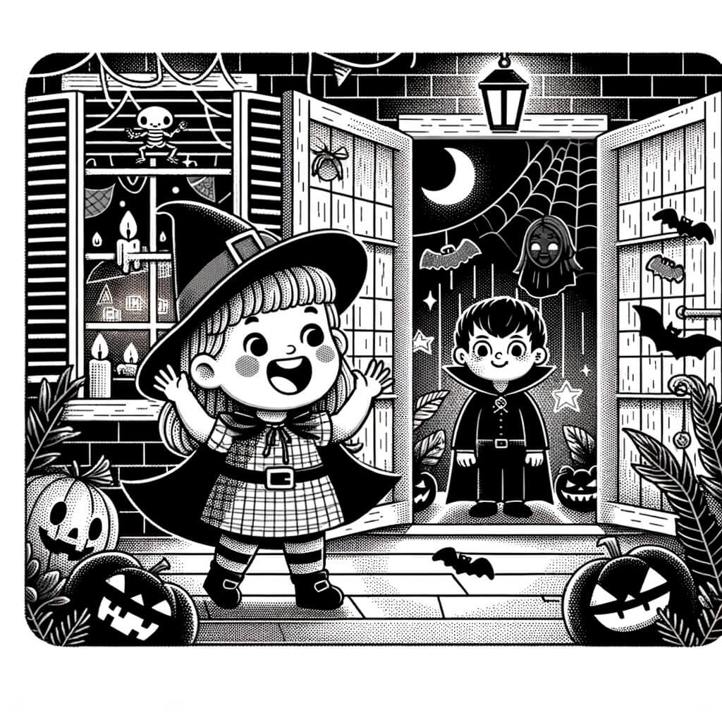 Une illustration pour enfants représentant une petite sorcière pleine d'excitation, se préparant pour Halloween, dans une maison hantée.